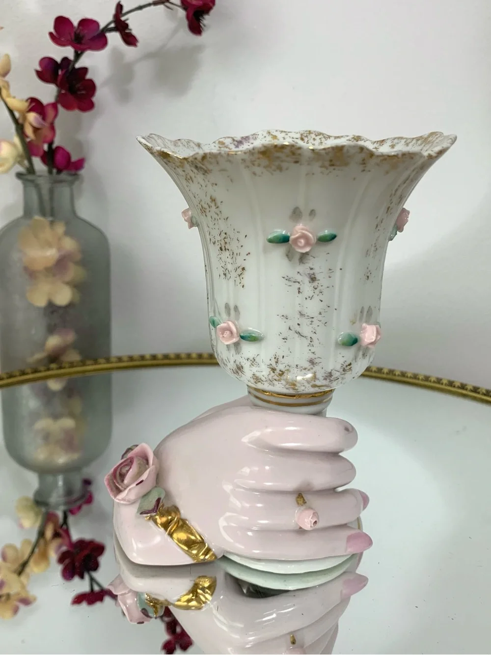#06 Vintage Napco Porcelain Hand Shaped Flowers Trumpet Vase Jewelry Display